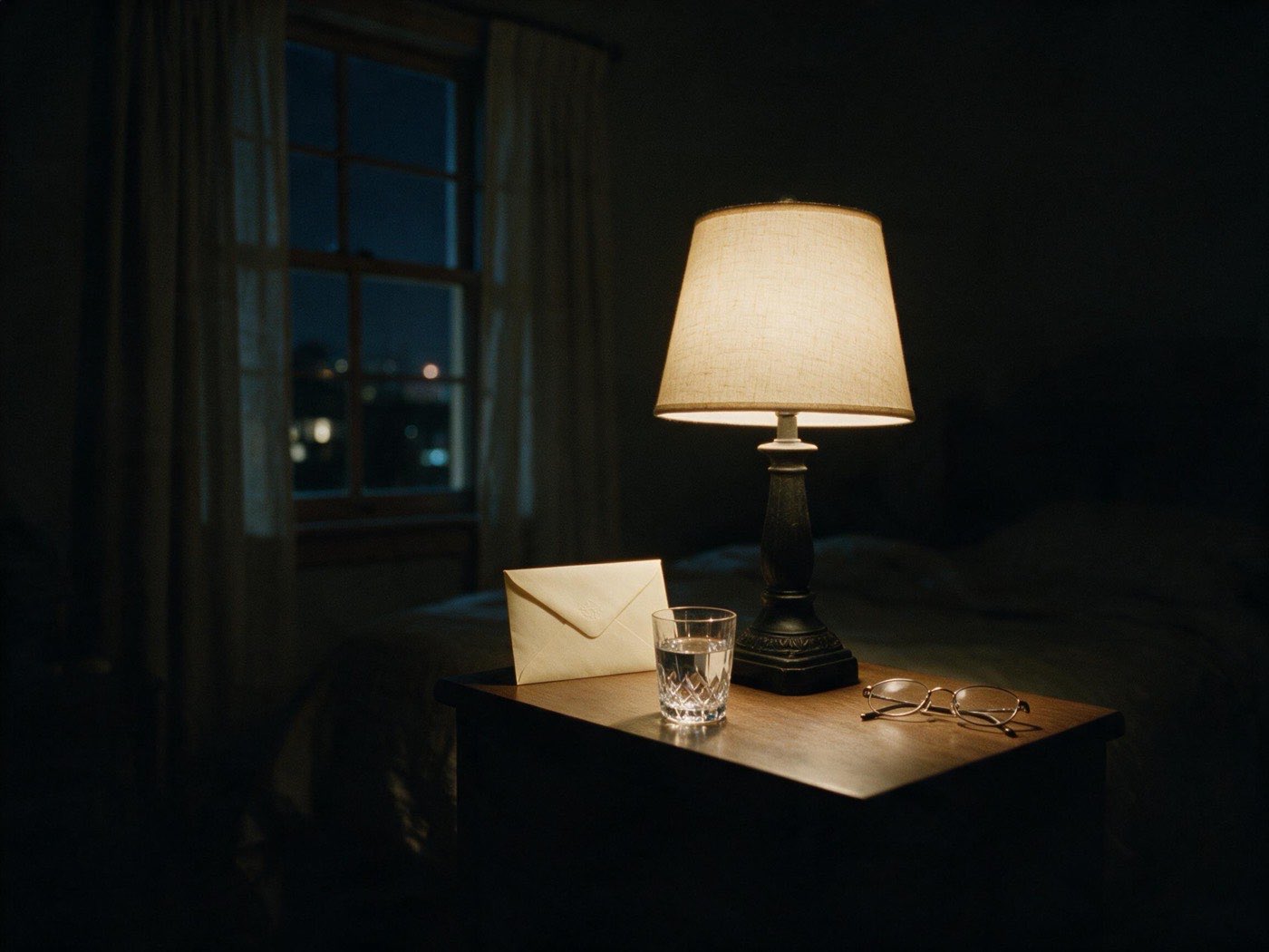 A bedside lamp, a letter and a glass of water.