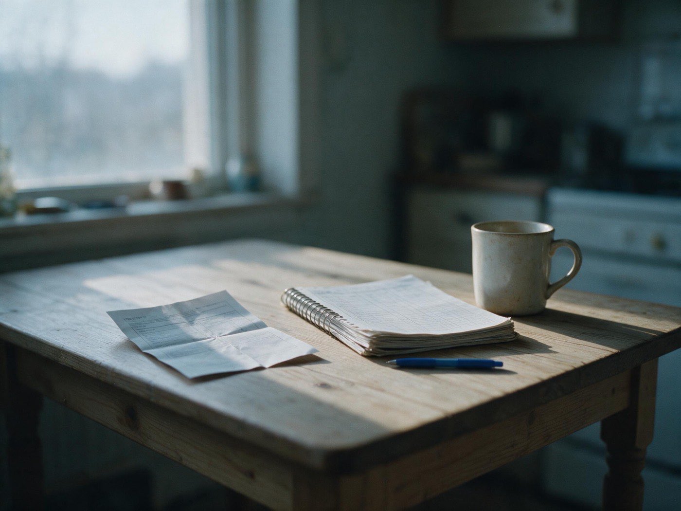 A lab report and a logbook on a kitchen table.
