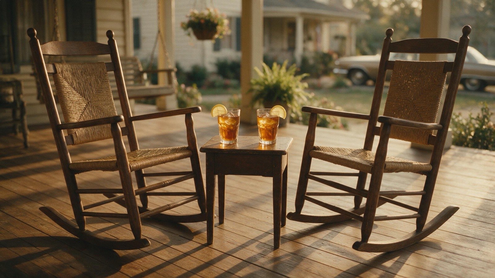 Two rocking chairs on an American porch.