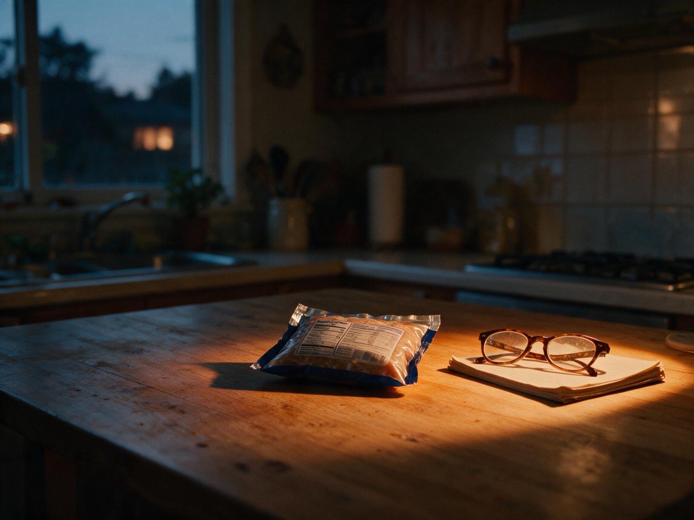 A food label and glasses under a kitchen lamp.