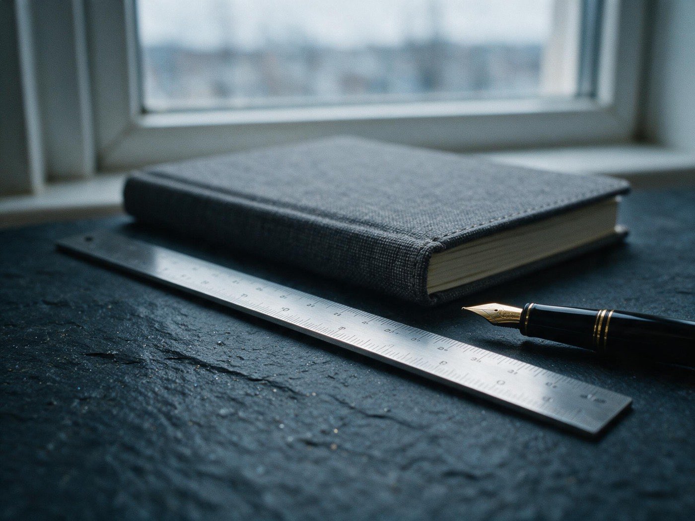 A steel rule and fountain pen beside a notebook.