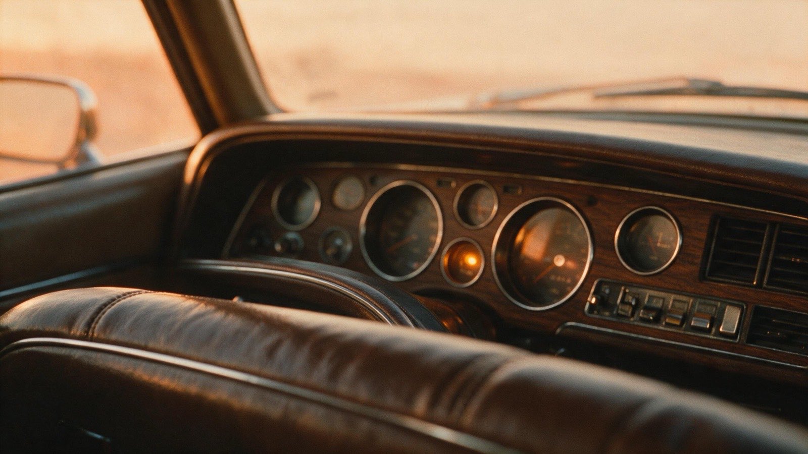 An amber dashboard light in an old car at dusk.