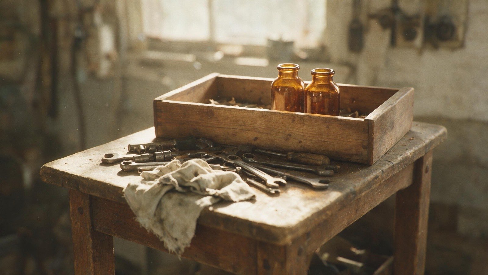 A sunlit workbench with hand tools.