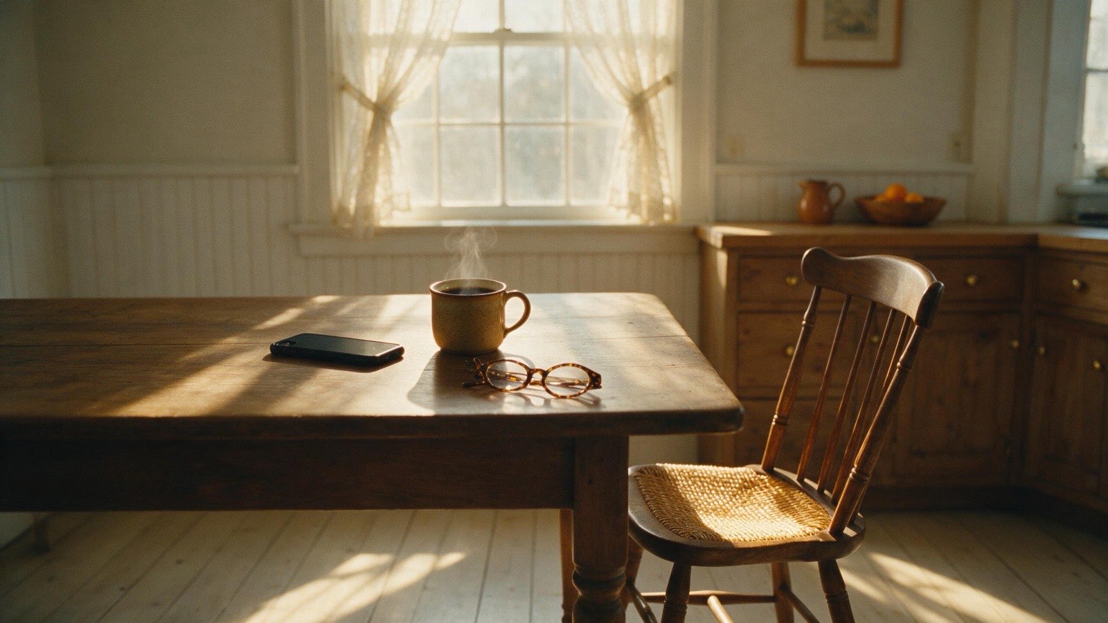 Reading glasses and coffee on a kitchen table.