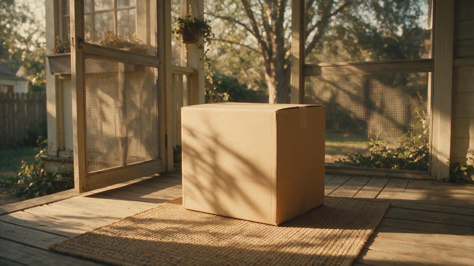 A plain package on a screened porch.
